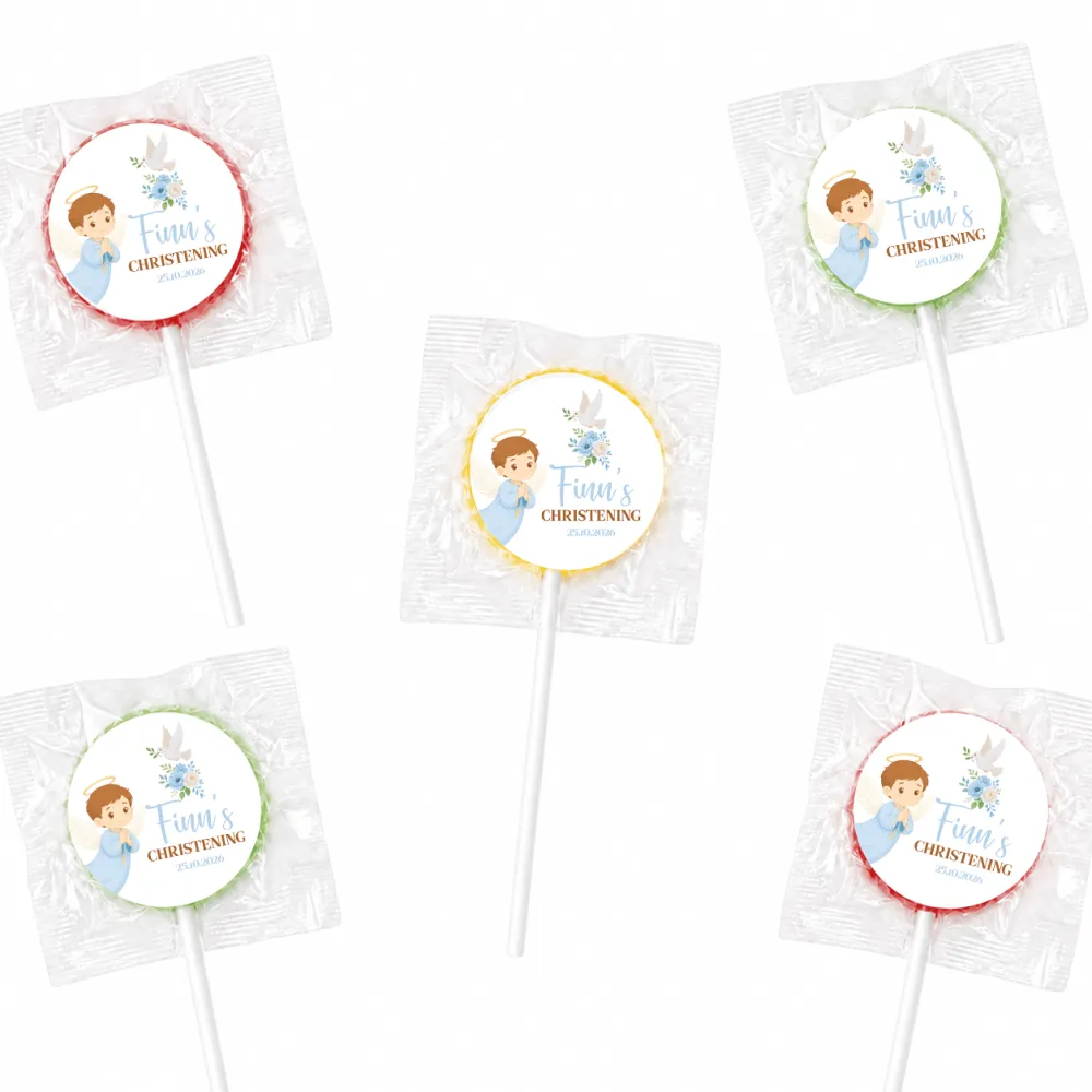 Personalized little angel boy christening fruit lollipops with blue angel design and floral elements for christening date