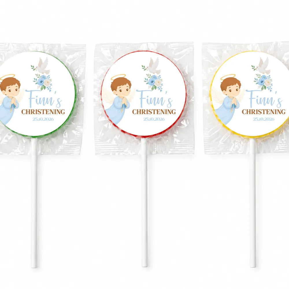 Three clear wrapped fruit lollipops with angel boy labels and christening date for little angel boy christening favors