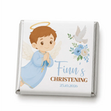 A personalized white chocolate bar wrapped in silver foil with a cartoon angel for christening mini neapolitans