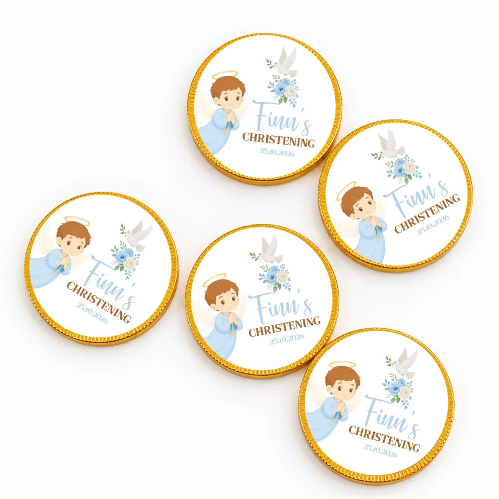 Circular chocolate coins with gold foil edges featuring a cartoon angel boy and personalized christening text and floral design