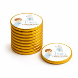 Golden chocolate coins with a blue angel boy design and personalized finn’s christening text for christening chocolate coins