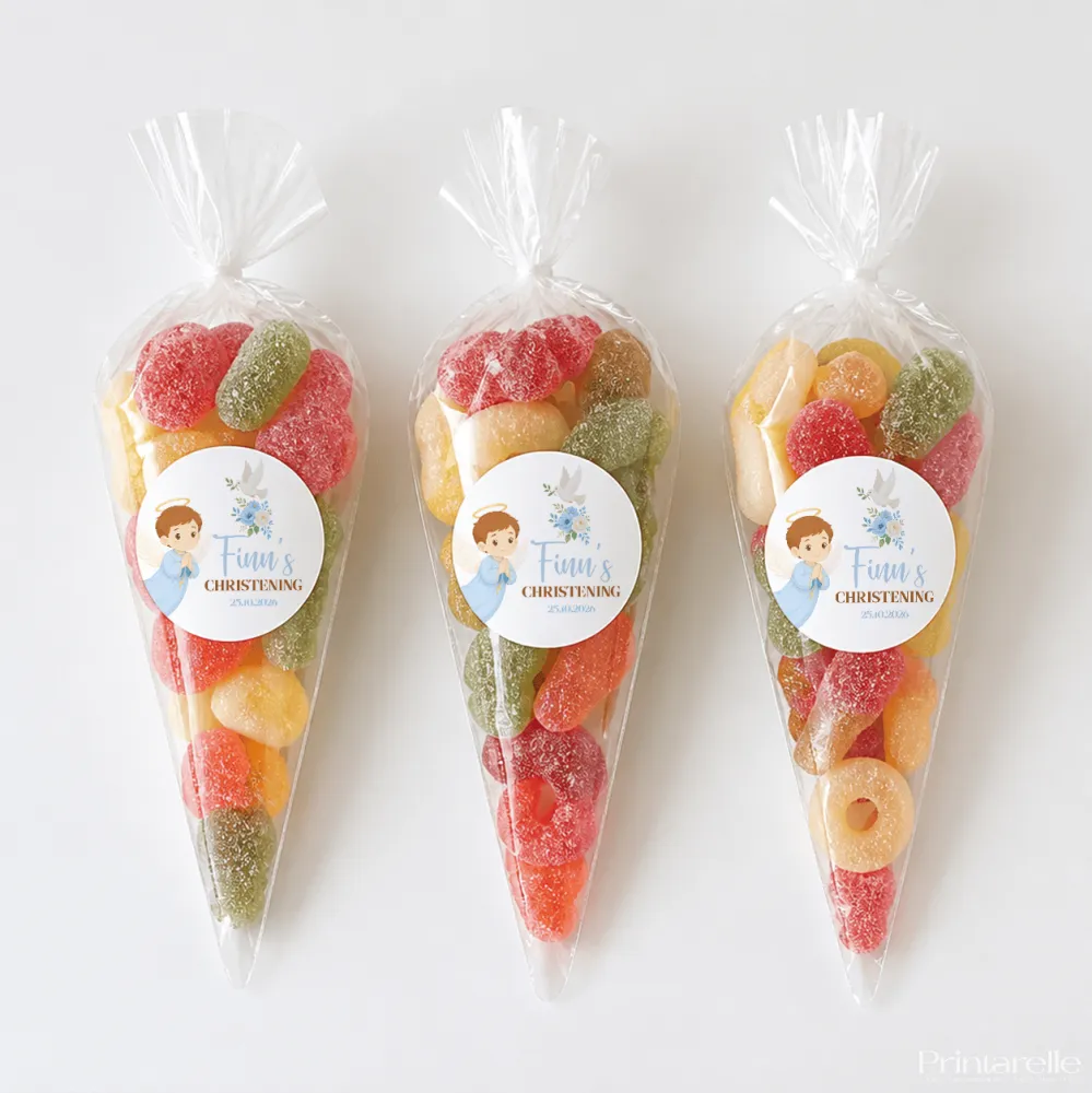 Three clear plastic sweet cones filled with colorful sugared gummy candies for little angel boy christening sweet gifts