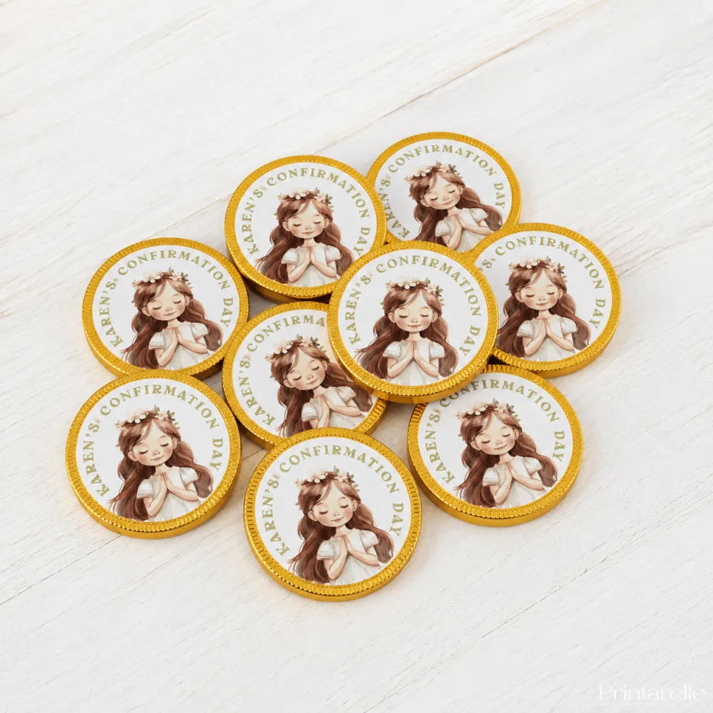 Gold-edged confirmation chocolate coins featuring a young girl with a flower crown for karens confirmation day