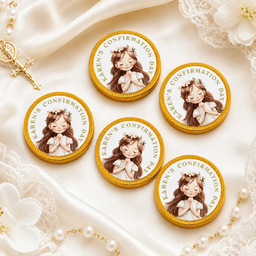 Gold-edged confirmation chocolate coins with cartoon girl in white dress and flower crown for karen’s confirmation day
