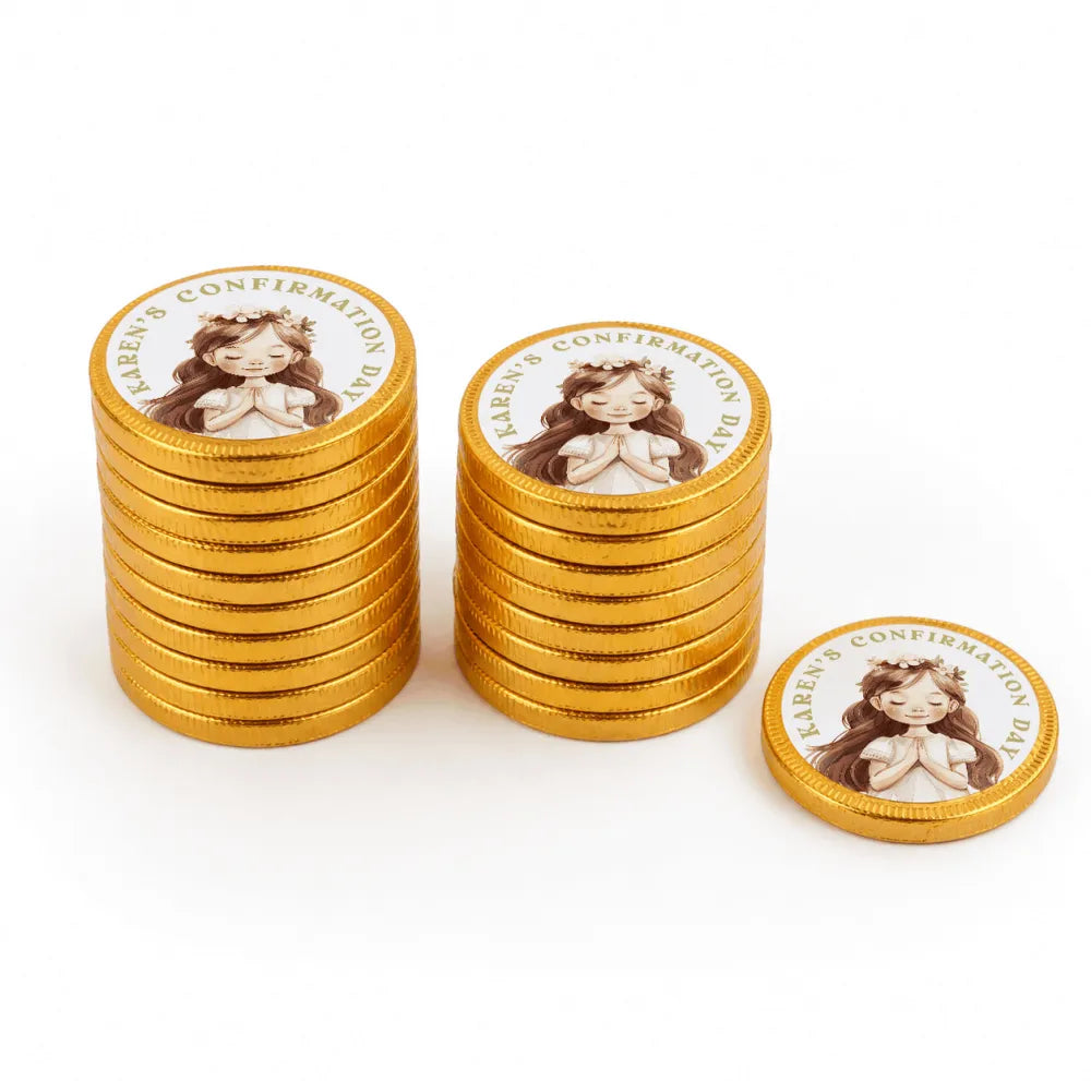 Golden chocolate coins with an illustrated girl wearing a flower crown and confirmation chocolate coins text in brown