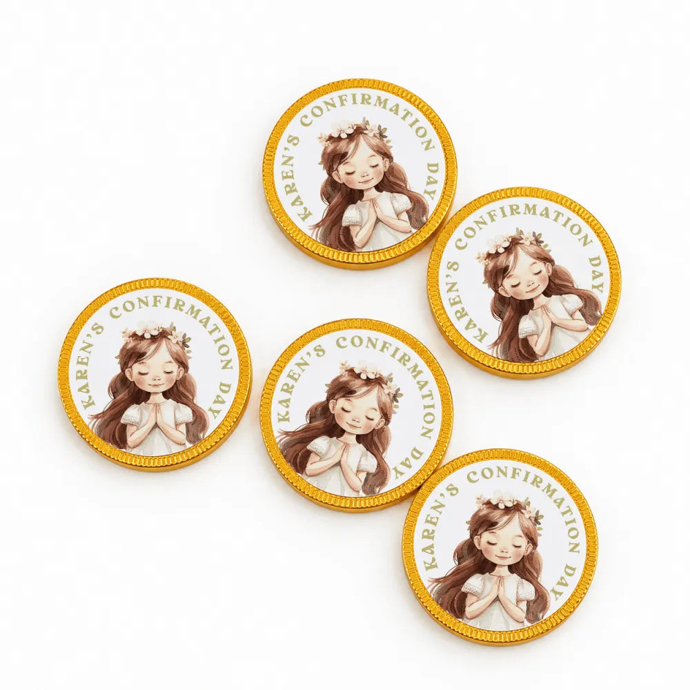 Gold wrapped confirmation chocolate coins with an illustrated girl wearing a flower crown and personalized green text