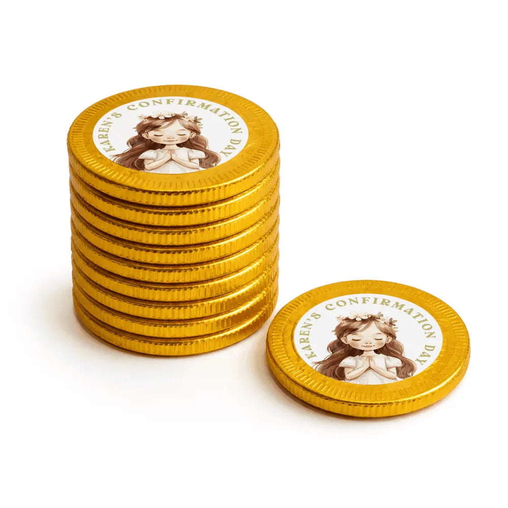 Golden confirmation chocolate coins with a cartoon girl wearing a flower crown and elegant karens confirmation day script
