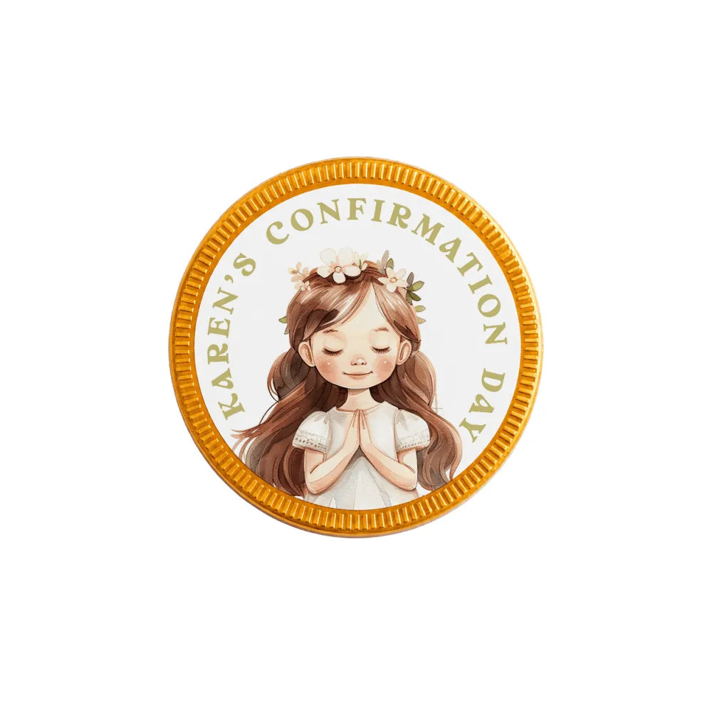 A circular gold-edged confirmation chocolate coin with a flower crown girl in white dress for karens confirmation day