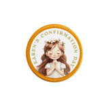 A circular gold-edged confirmation chocolate coin with a flower crown girl in white dress for karens confirmation day