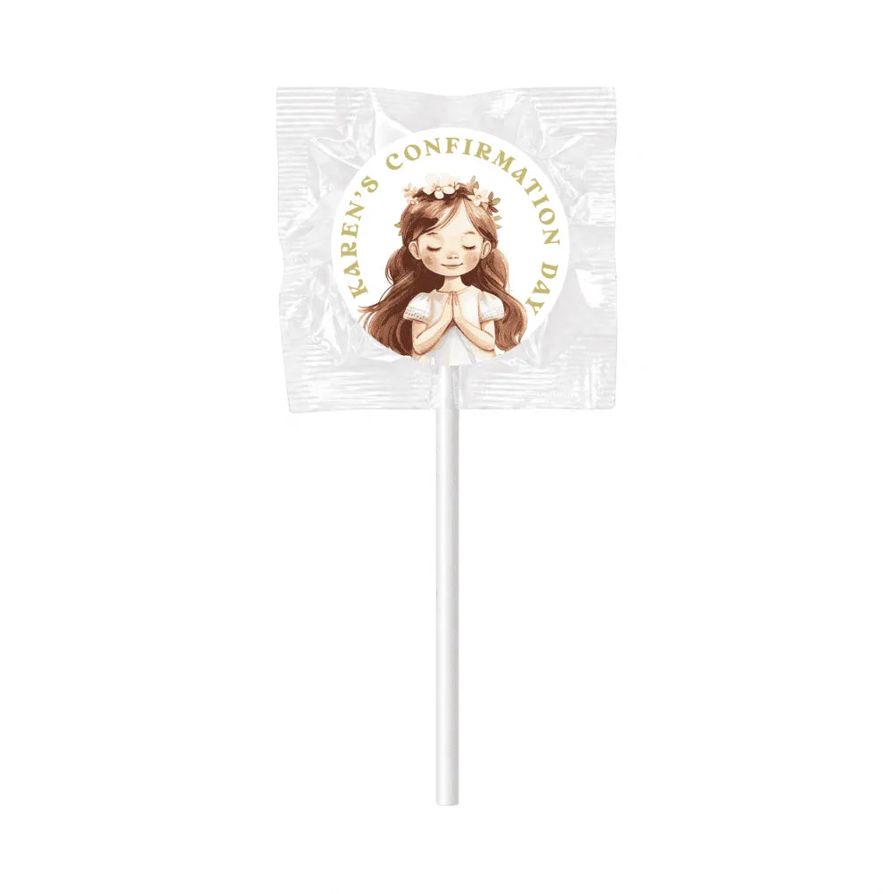 A white lollipop with an 8cm sticker featuring a girl in a flower crown and gold text for lollipop favours