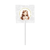 A white lollipop with an 8cm sticker featuring a girl in a flower crown and gold text for lollipop favours