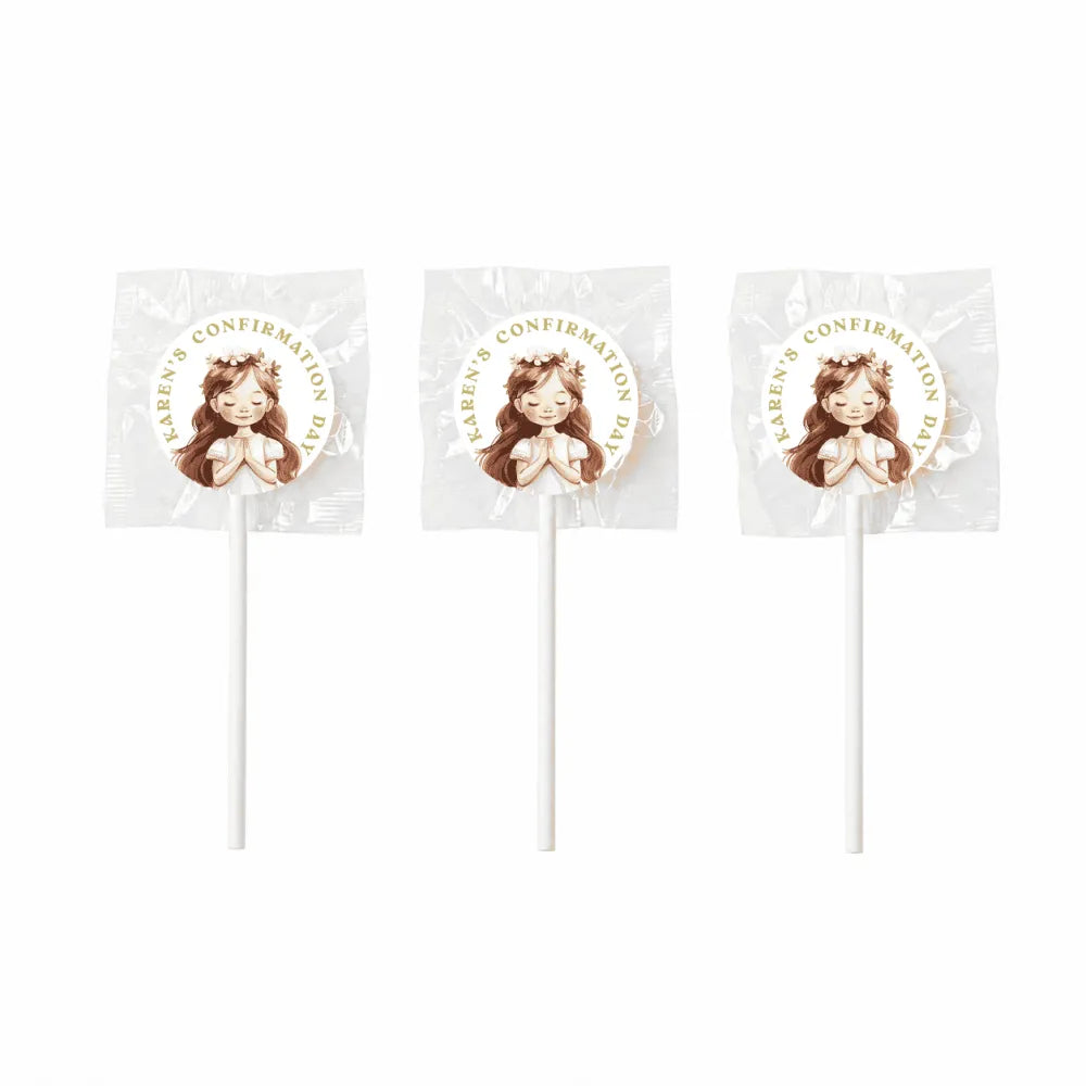 Three white lollipop favours with clear wrap and 8cm flower crown sticker for karens confirmation day celebration