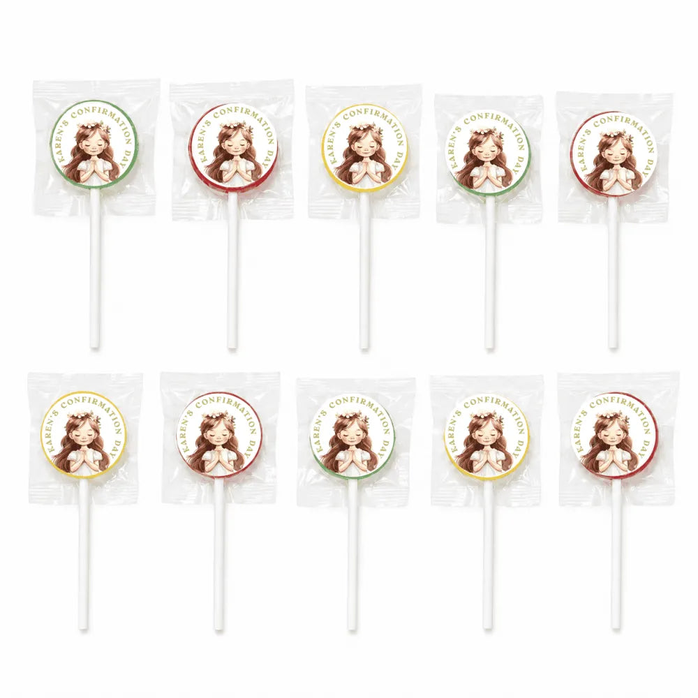 Personalised little angel confirmation lollipops with flower crown girl design wrapped in clear plastic with white stick and 8cm sticker