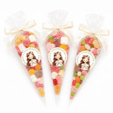 Three clear cellophane sweet cones tied with cream ribbons and flower crown girl label for karens confirmation day