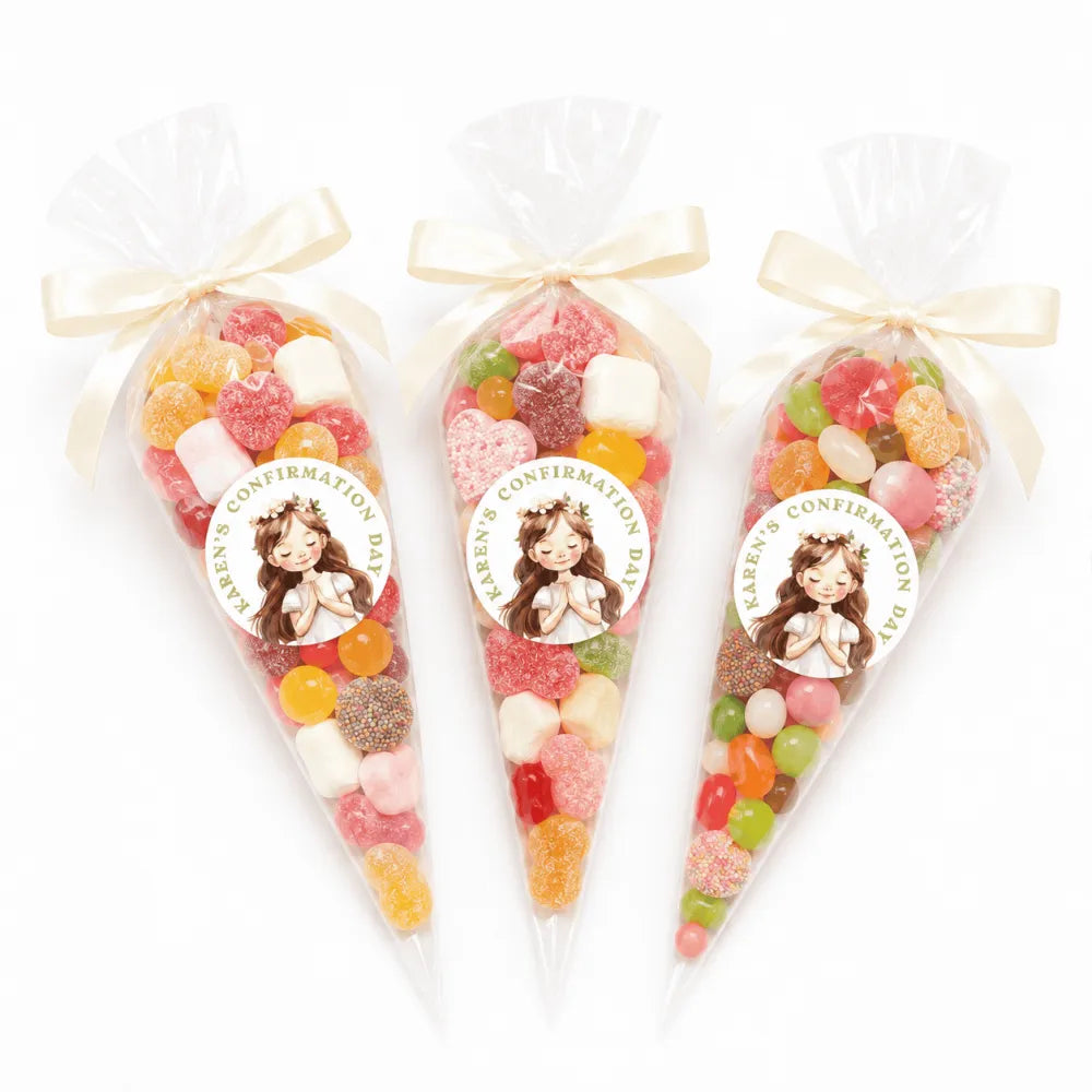 Three clear cellophane sweet cones tied with cream ribbons and flower crown girl label for karens confirmation day