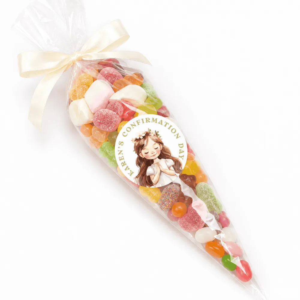 A clear cellophane sweet cone tied with cream ribbon filled with colorful candies for karens confirmation day featuring a flower crown girl label