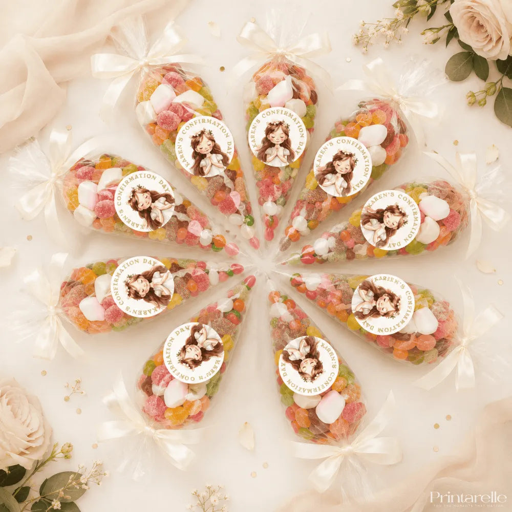 Clear plastic sweet cones filled with colorful gummies and marshmallows tied with white ribbons and flower crown girl labels