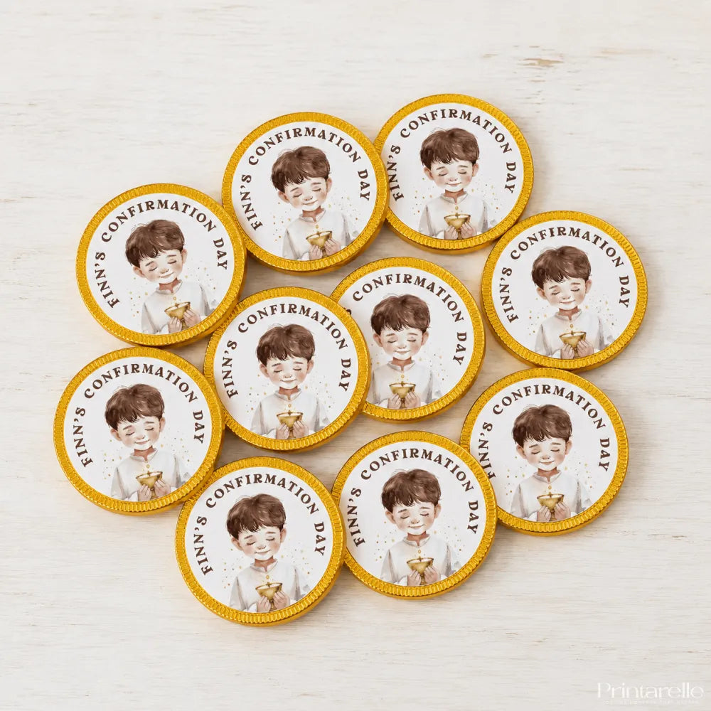 Circular yellow-edged confirmation chocolate coins featuring a smiling boy with a golden chalice for finn’s day