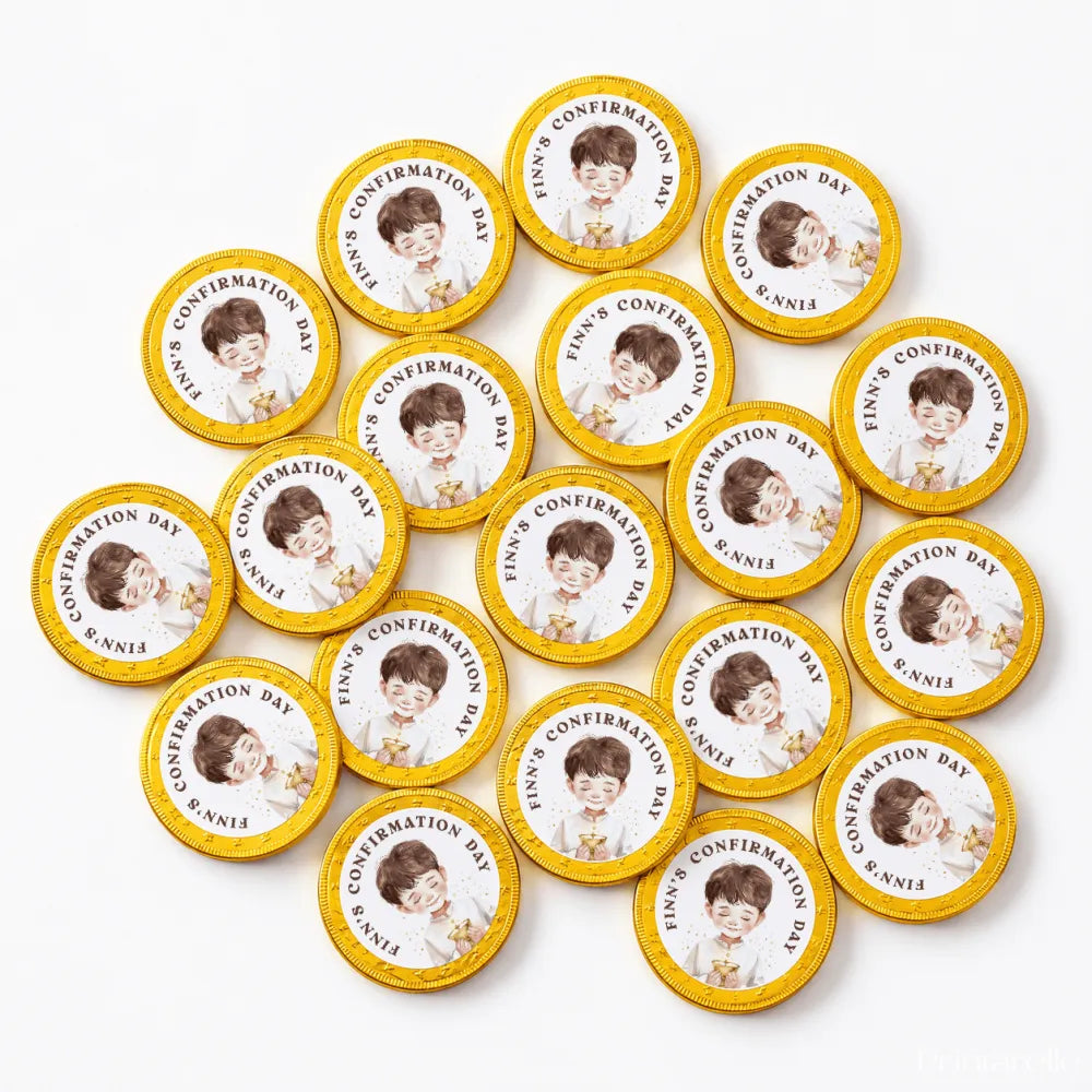 Yellow confirmation chocolate coins with a smiling boy in white outfit personalized for finn’s confirmation day 6.8.2013