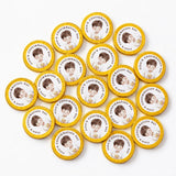 Yellow confirmation chocolate coins with a smiling boy in white outfit personalized for finn’s confirmation day 6.8.2013