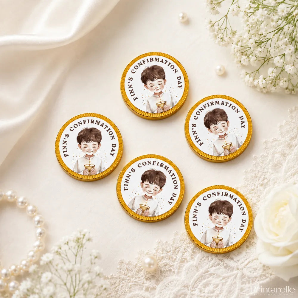 Gold-edged 40mm milk chocolate coins with a boy holding a chalice for confirmation chocolate coins celebration