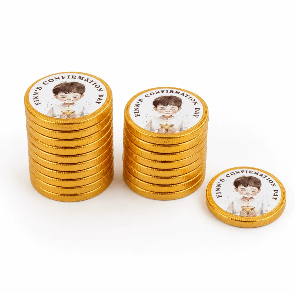 Golden 40mm milk chocolate confirmation chocolate coins featuring a boy in white with finn’s confirmation day text