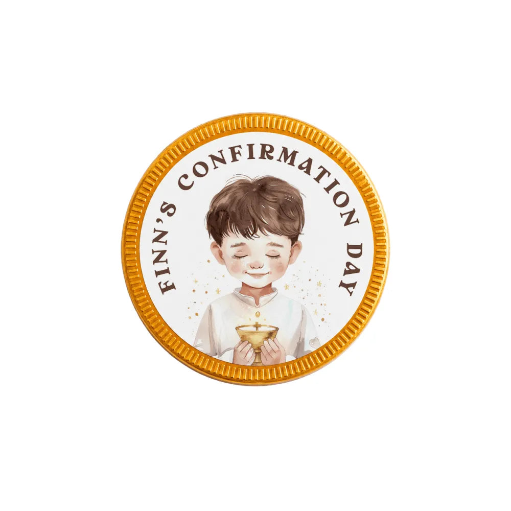 A circular gold-edged confirmation chocolate coin with a boy holding a chalice and finn’s confirmation day text