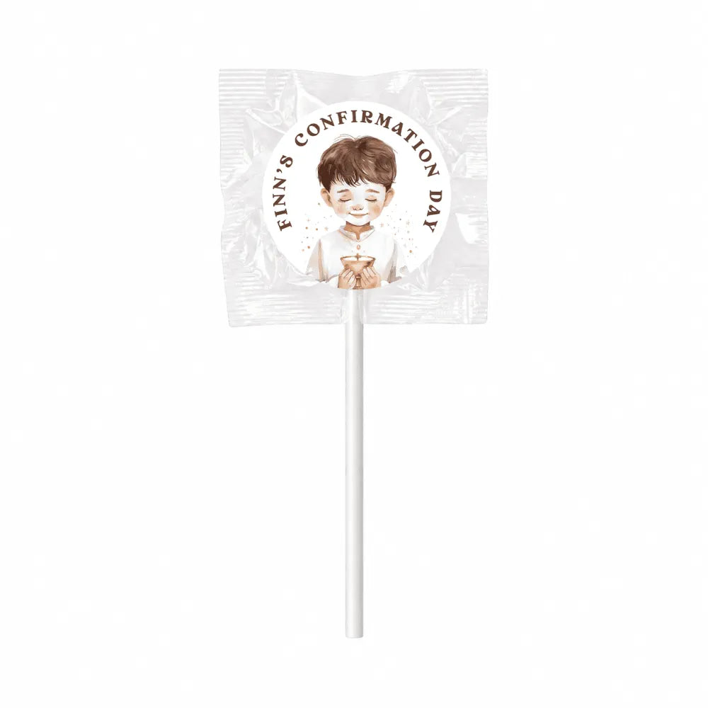 A white gluten free lollipop favour wrapped in clear foil with an 8cm sticker for finn’s confirmation day