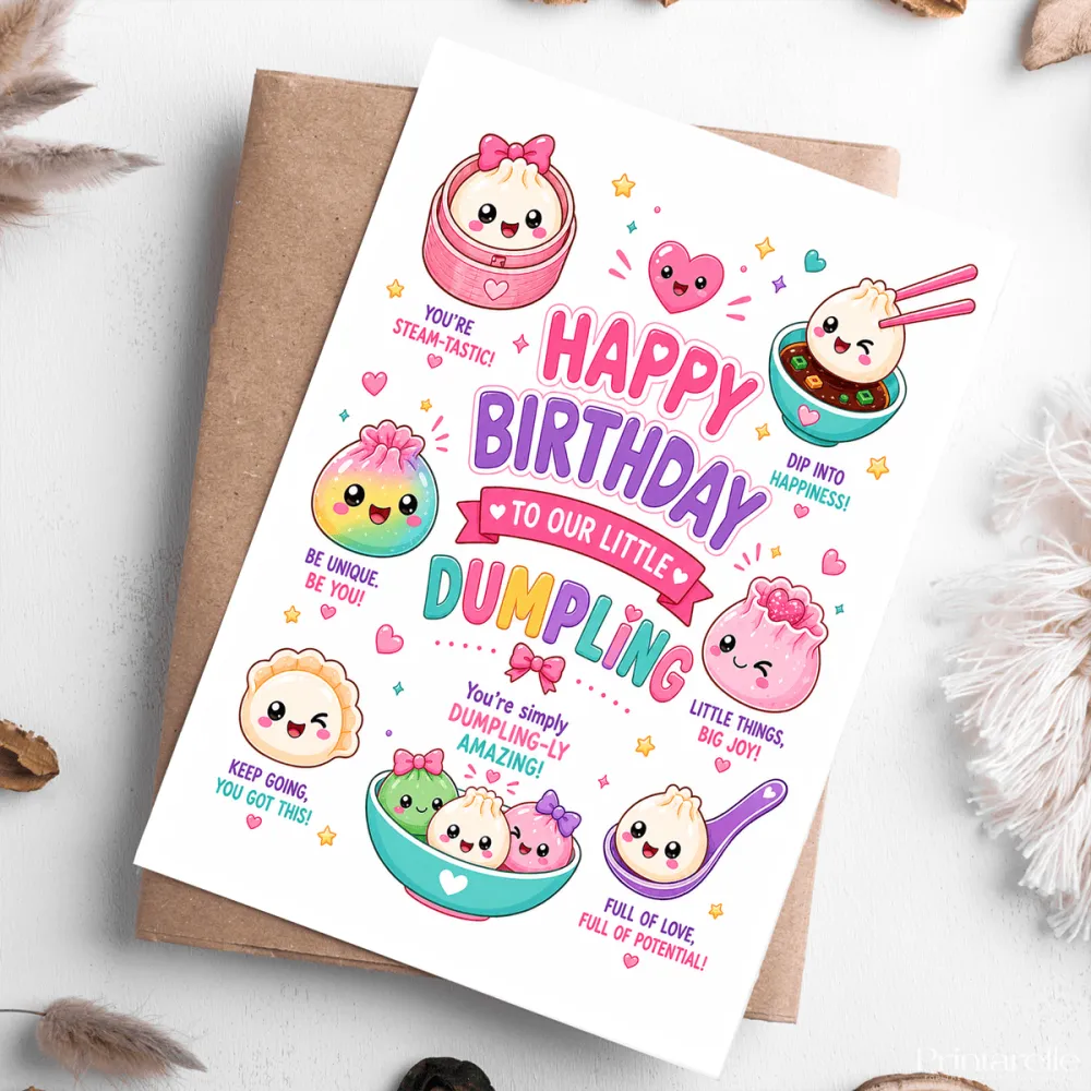 Little Dumpling Birthday Card for Kids - dumpling birthday card, dumpling birthday, birthday card, kawaii dumpling