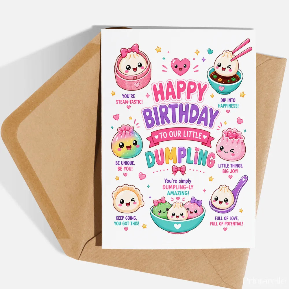 Little Dumpling Birthday Card for Kids - dumpling birthday card, dumpling birthday, birthday card, kawaii dumpling