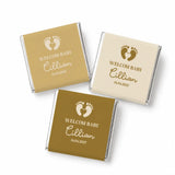 Personalized gold and cream foil mini neapolitan chocolates with baby footprints names and dates for baby favours