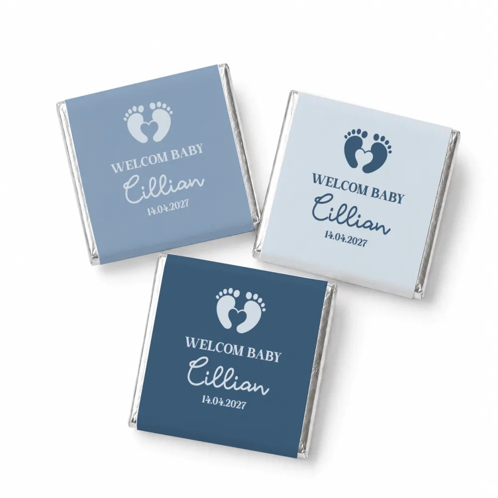 Personalized blue and white mini neapolitan chocolates with baby footprints names and dates for welcome baby favours