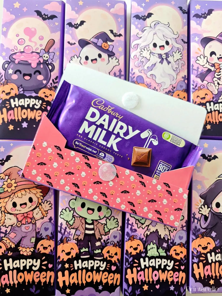 Pink halloween chocolate wrap with black bats and snap button holding purple cadbury dairy milk bar for little ghouls