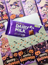 Purple cadbury dairy milk chocolate bar with glossy wrap and cartoon halloween chocolate wrap little ghouls design