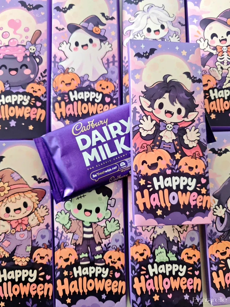 Purple wrapped cadbury dairy milk halloween chocolate wrap with cartoon little ghouls and happy halloween text