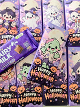 Purple halloween chocolate wrap with cartoon characters and happy halloween text in little ghouls personalized design