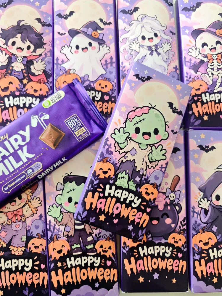 Purple halloween chocolate wrap with cartoon characters and happy halloween text in little ghouls personalized design