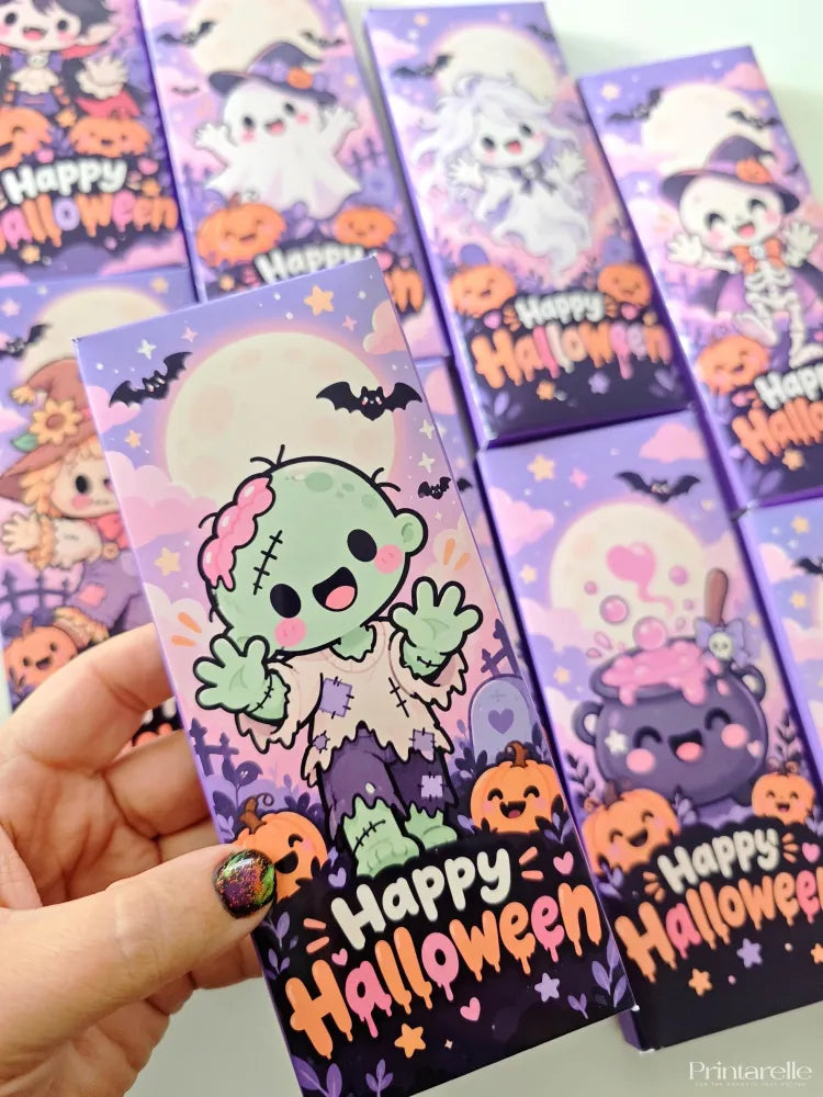 A halloween chocolate wrap in purple and black with a cute green zombie, pumpkins, and bats for little ghouls
