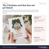 A white christmas card featuring a gingerbread grandad with round glasses and bow tie inside a snow globe on thick cardstock
