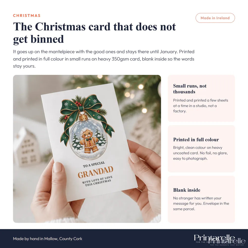 A white christmas card featuring a gingerbread grandad with round glasses and bow tie inside a snow globe on thick cardstock
