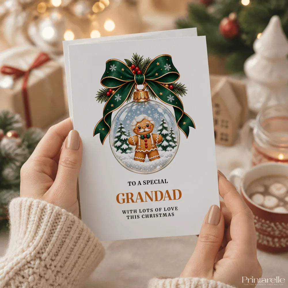 White christmas card with green ribbon bow featuring a gingerbread grandad ornament wearing round glasses and bow tie in gold lettering