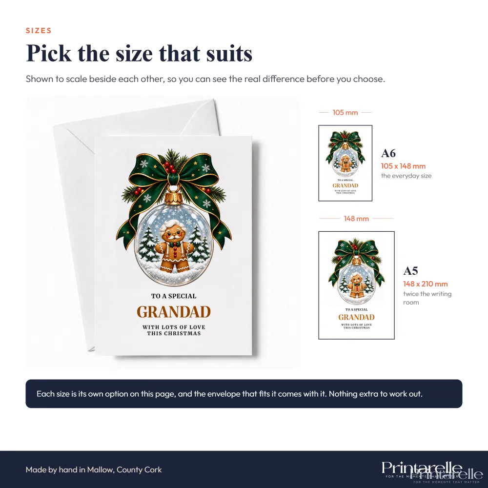 White little gingerbread bauble grandad christmas card with festive gingerbread grandad in round glasses and bow tie