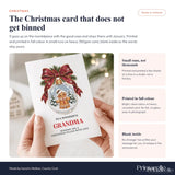 A grandma christmas card featuring a gingerbread grandma inside a snow globe with pine branches on white cardstock