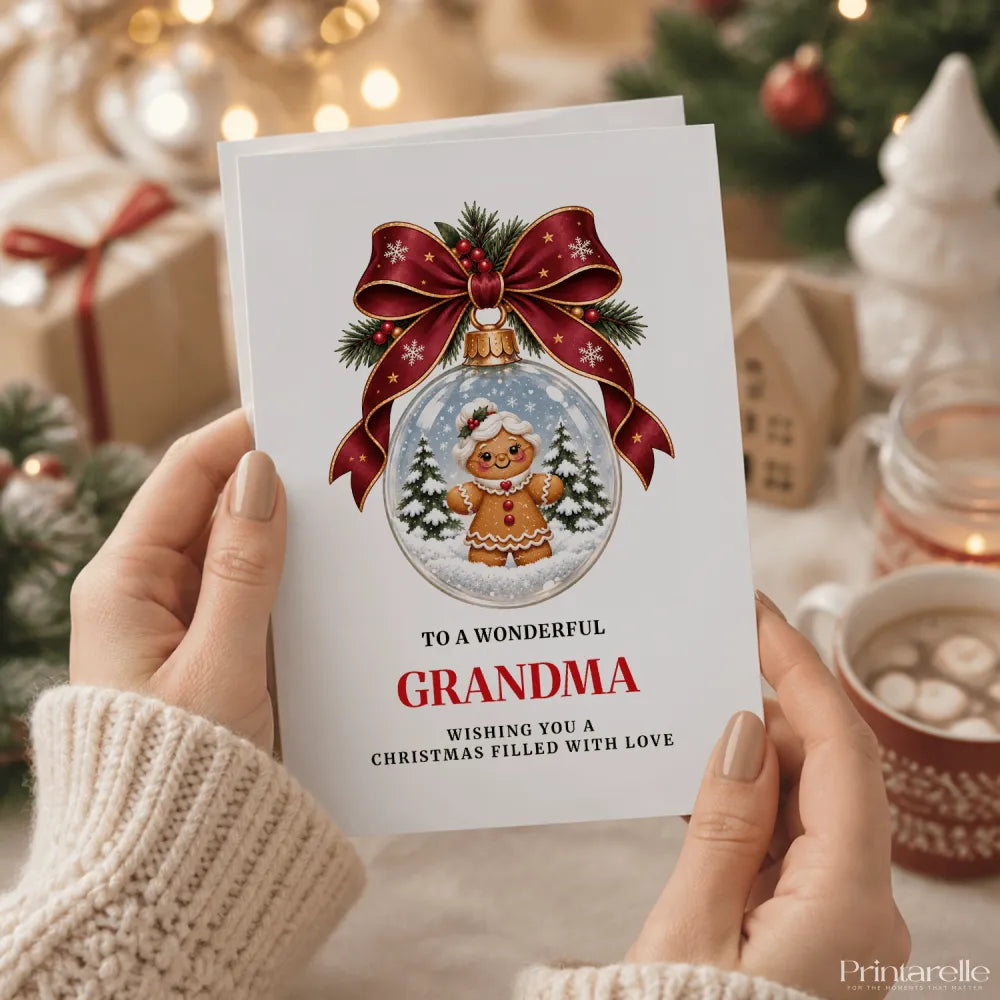 A white grandma christmas card featuring a gingerbread grandma in a snow globe with pine trees and red ribbon bow