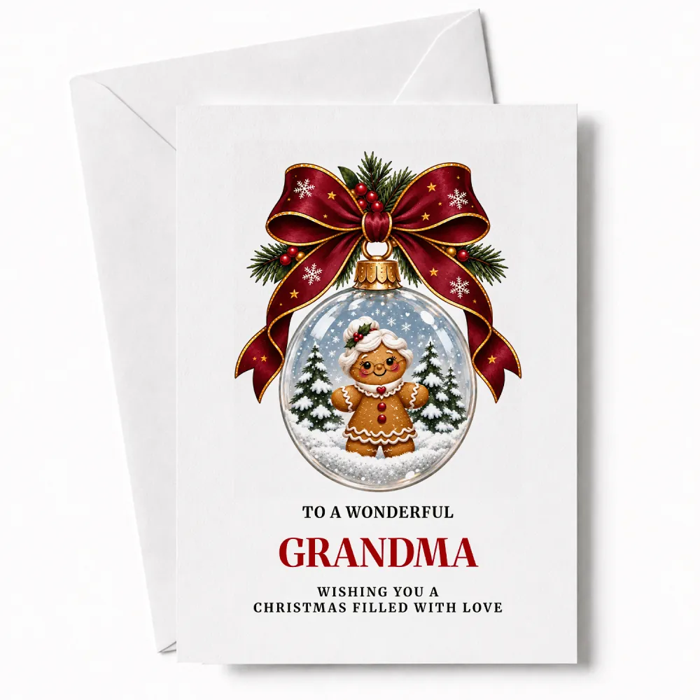A festive white grandma christmas card with a gingerbread grandma inside a clear glass bauble with red ribbon and pine sprigs