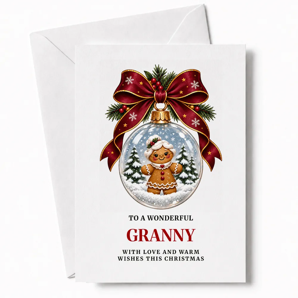 A granny christmas card with a clear glass bauble featuring a gingerbread granny and red ribbon bow