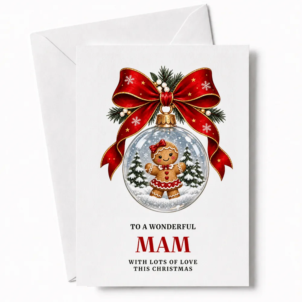 A festive white mam christmas card featuring a gingerbread girl in a red dress inside a clear bauble with pine sprigs