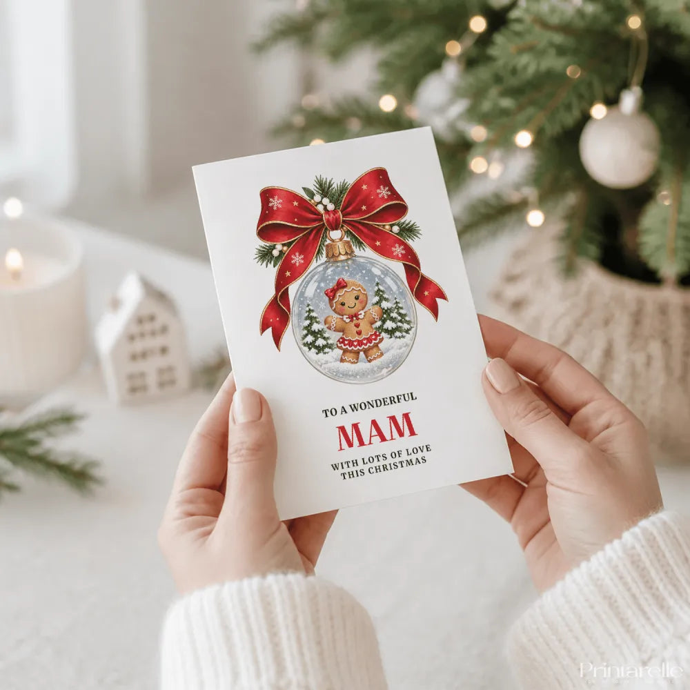 A festive white mam christmas card with a red ribbon bow and a gingerbread girl inside a snowy glass globe ornament