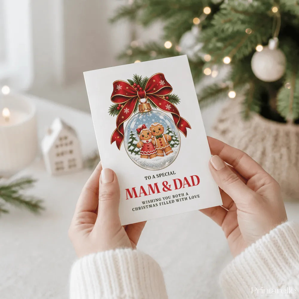A festive white christmas card with a red ribbon and gingerbread couple snow globe for mam and dad christmas card