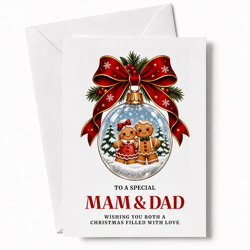 A festive white dad christmas card featuring a glossy red ribbon bow and gingerbread couple in a snow globe ornament